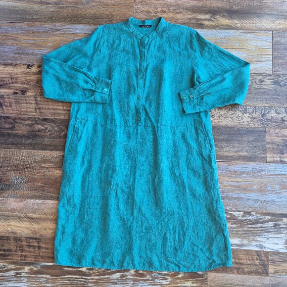EILEEN FISHER Washed Organic Linen Delave Shirt Dress Long Sleeve Green - Picture 10 of 15